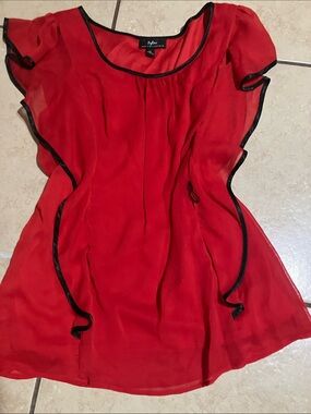 Byer California Red Chiffon Flutter Sleeve Blouse with Black Trim